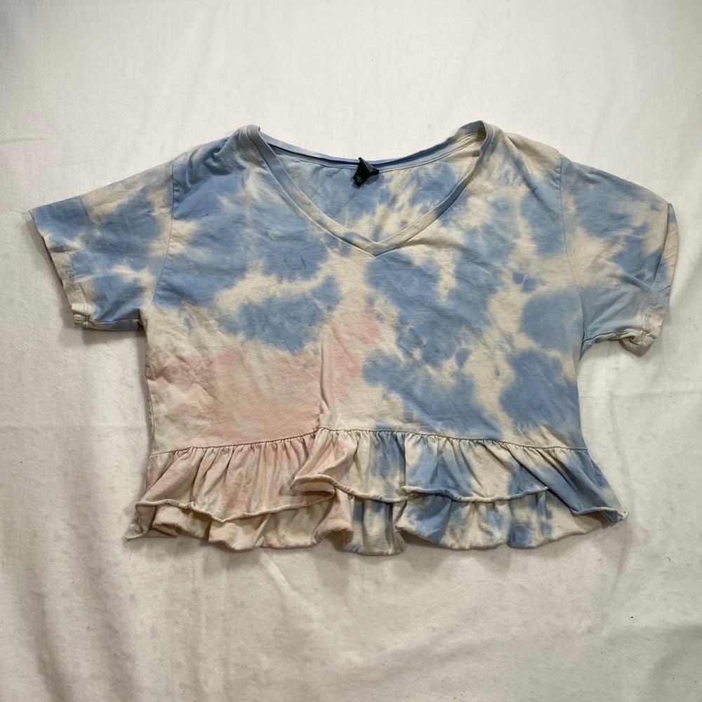 Wild Fable Short Sleeve Shirt Crop Top Ruffles Tie Die Womens Size L